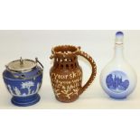 Early c20th Wedgwood blue jasperware biscuit barrel with silver plated handle, H14cm, puzzle jug