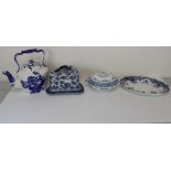 Large blue and white decorated teapot, similar cheese dish and cover, a Cornwall pattern oval dish