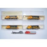 Four boxed N gauge Santa Fe diesel locomotives, 2 by Model Power (Yugoslavia), 2 by Life-Like (