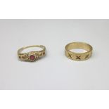 9ct yellow gold ring set with rubies and diamonds, size N, and a 9ct yellow gold band with
