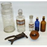 Apothecary/chemist equipment including jars, max. H30cm and a cast iron cork press, a Mauchline ware