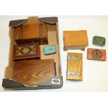 C20th medium oak cantilever fly box with lift up lid containing a small selection of fishing