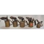 Five vintage brass blowlamps incl. Sievert .5 ltr 542N and a smaller .25 ltr Sievert, Bladon and