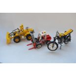 Collection of Lego and Lego Technics including a built up excavator, forklift truck and scrambler