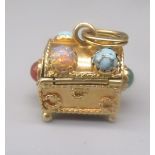 18ct yellow gold treasure box charm set with semiprecious stones, stamped 750, 6.9g