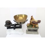 Set of Vintage kitchen scales with brass pan and two Avery 2lbs & 4lbs weights and a resin Hen &