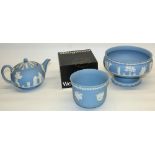 Wedgwood pale blue jasperware: teapot, L22cm, pedestal bowl, H13cm, and cache pot, H11cm (3)