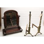 Pair of Victorian style brass and wrought iron firedogs on paw feet and a similar style oak free