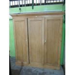 Stripped pine cupboard, moulded cornice above three panel doors with shelved interior, plinth