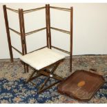 Vintage Haxyes folding stool, folding clothes rack and a fan inlaid two handled tea tray, (3)