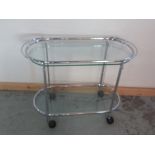 Art Deco style chrome drinks cart with two glass shelves, W80cm D36cm H65cm