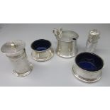 Geo.V hallmarked Sterling silver condiment set with blue glass liners by James Dixon & Sons Ltd.,