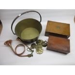 Brass jam pan, horse brasses, 2 copper and brass hunting horns and 2 wood boxes