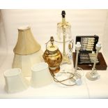 Pair of cream modern table lamp bases and shades, H36cm, two other modern table lamps and shades,