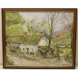 John Brunton Wilson (Contemporary); Stone farm Cottage with Hens, in a Dales landscape, watercolour,