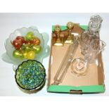 C19th decanter, H27cm, vintage glass marbles, Murano glass fruit ornaments with gold flecks, hand