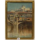 Continental School (20th); Continental river scene with a boat passing under a stone bridge,