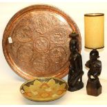Two mid-late C20th carved wood African figural lamp bases, including one with original shade, max.