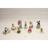 Nine Royal Worcester Nursery Rhyme theme figures 'Babes in the Wood' black backstamp 3302 H16cm, '