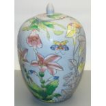 Large C20th Chinese ginger jar and cover, decorated with flowers and butterflies, on lilac ground,