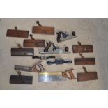 Eight vintage wooden rebate planes, Record and Stanley spokeshave planes (2), Whitmore No 4 and