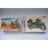 2x Esci 1/9 scale German Army BMW R75 motorbike plastic model kits, item no 7001 with sidecar and