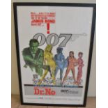 One sheet US printed movie poster for Dr No, C1980's 007 James Bond film, framed. With folds