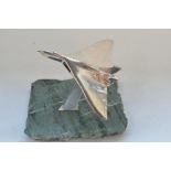 Silver plated solid metal Avro Vulcan model on stylised stand with marble base, no makers marks.