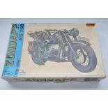 Esci 1/9 scale German Army Zundapp KS750 motorbike plastic model kit (item no 7006), un started with