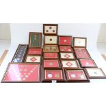 Collection of glazed and framed GB coin sets, Fantasy coins and watch parts (qty)