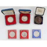 Two GB 1977 Coronation silver proof crowns, three silver Britannia £2 coins for 1999, 2001, 2003 and