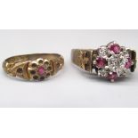9ct yellow gold ruby and diamond cluster ring, stamped 375, size P, and another 9ct yellow gold ring