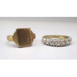 9ct yellow gold square faced signet ring, stamped 375, size P1/2, and a 9ct yellow gold ring set