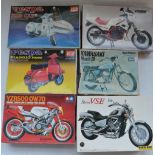 Five unstarted 1/12 scale plastic motorbike model kits to include Tamiya Yamaha YZR500 (OW70),