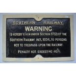 Southern Railway cast alloy public notice trespass warning sign, 24"x15.5"