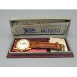 1950's Felca gold plated hand wound wristwatch signed silvered sector dial with centre seconds screw