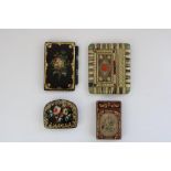 C19th black papier mache lacquer card wallet with painted floral bouquet and gilt surround, a