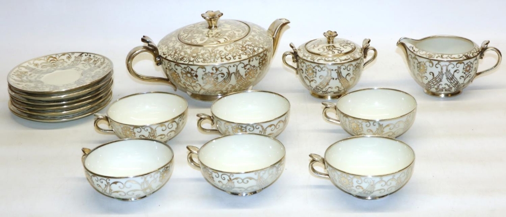 Bavarian type porcelain tea ware with silver overlay, comprising teapot, H11cm, six cups and