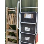 Pair of aluminium four step step ladders and a pine set of step ladders
