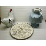 C20th glazed terracotta H42cm , painted plaster wall plaque decorated with butterflies D49cm and a
