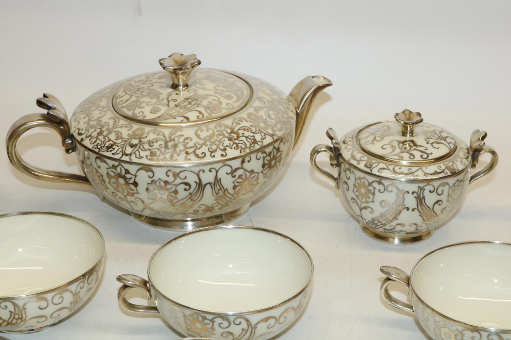 Bavarian type porcelain tea ware with silver overlay, comprising teapot, H11cm, six cups and - Image 2 of 3