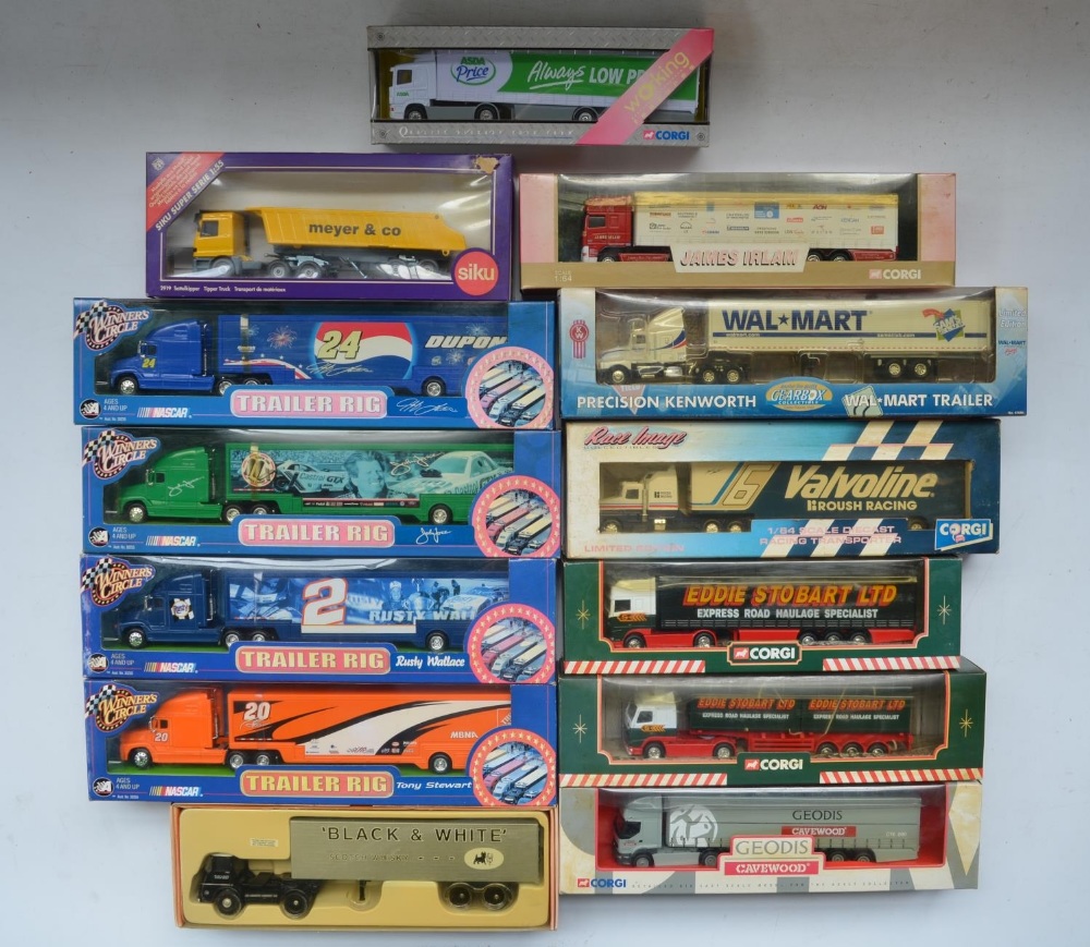 Collection of diecast truck models, mostly 1/64 scale to include Corgi Eddie Stobart, Geodis