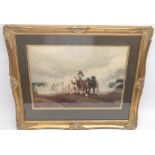 Framed print of a Lucy Kemp-Welch scene of Horses pulling a plough, 53cm x 63cm