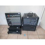 Selection of sound studio music mixers and powered amplifiers incl. Yamaha EMX 66M powered mixer