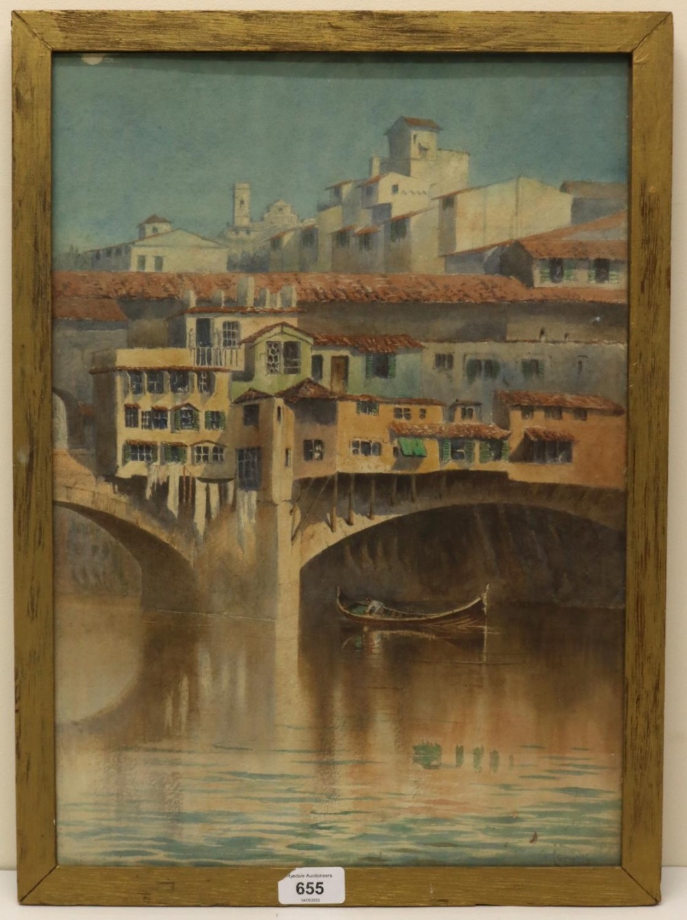 Continental School (20th); Continental river scene with a boat passing under a stone bridge,