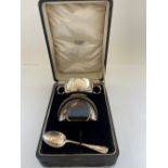 Hallmarked silver christening gift set of two handled bowl, saucer and later matched spoon, in