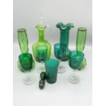 Pair of late Victorian green glass rustic designed bud vases with hall marked silver collars H20cm