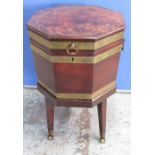 George 111 brass banded mahogany octagonal celerette, with hinged top and brass handles, stand