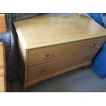 Modern light oak two drawer dressing chest with brass handles on bracket feet, W106cm D56cm H76cm,
