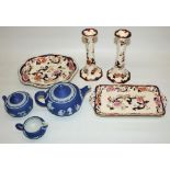 Mason's Mandalay - pair of candlesticks, H22cm, sandwich plate, L31cm, and a shallow oval dish,